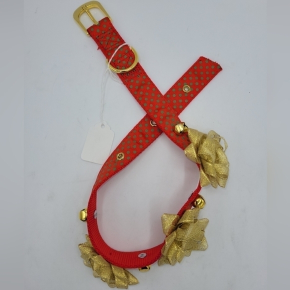 Dog Collar Jingle Bell Red Green Polkadot and Gold Bows Bells. - Picture 11 of 14
